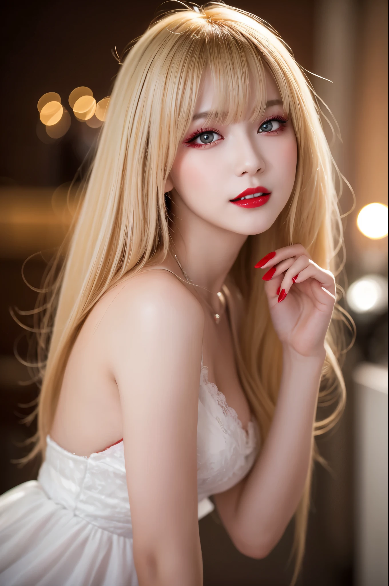 8K、Photorealistic RAW photos of the highest quality。so beautiful(A vivid face) Bright colors、Image of a perfect adult woman、Laughter、Art Station Trends、masterpiece、8K resolution、Fantasy art、Ultra-high resolution,,Mr..々Pause,charm,sexy,Rich colors, Backlight, Cinema Lighting, Film Grain, to be born, 50mm lens, Nikon D850,Vampire Queen,Glowing red eyes,White skin,Ultra-Realistic Skin,Luxurious red dress,Red lipstick,Red nails,Inside the Labyrinth,Vampire Fangs,sexyな外装,blonde,Adult women,