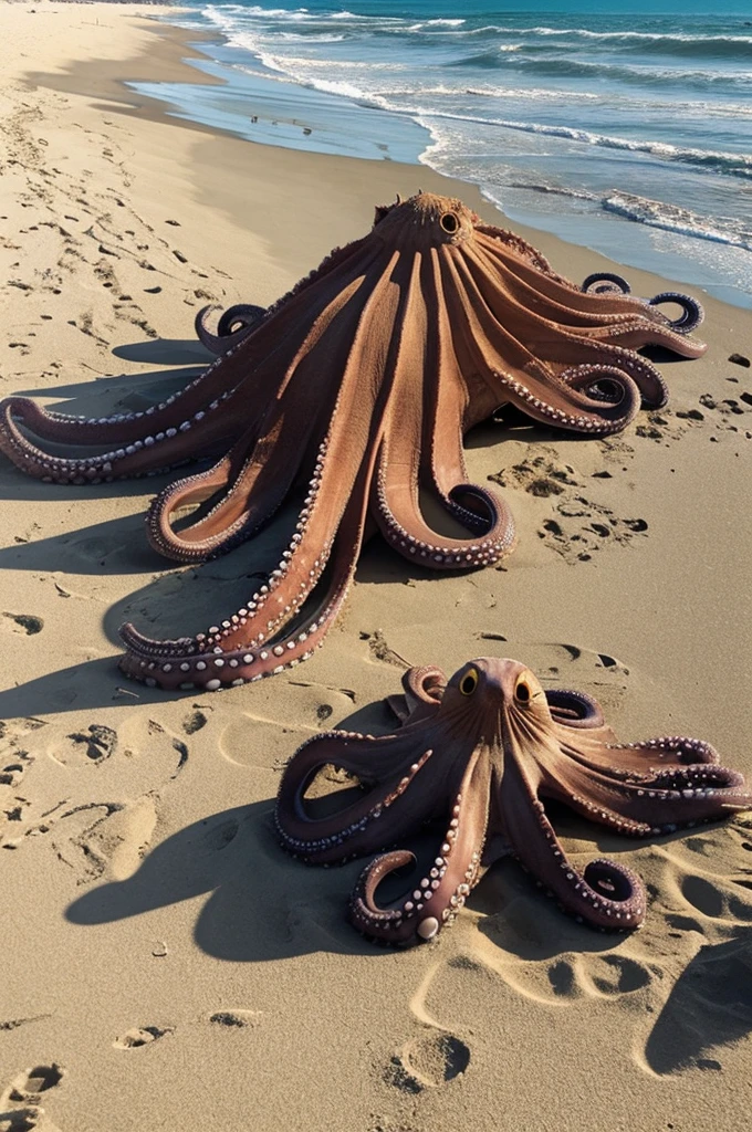 A very huge octopus on the beach surrounded by a number of people