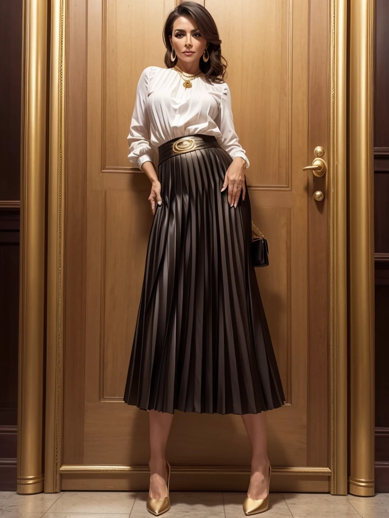 The best picture,The most realistic,4K clarity,full body,stand straight,  woman sexy,Age 70,Madame,((pleated skirt)),gold jewelry, 
