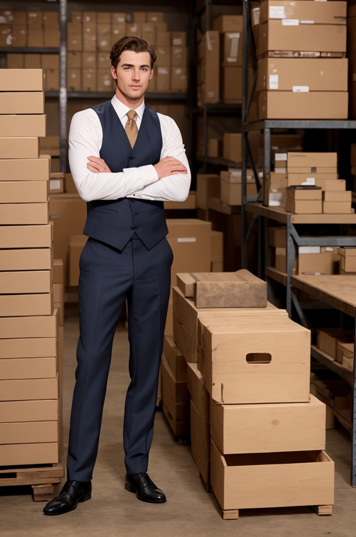 realistic , handsome man , Behind the scenes of the antique warehouse