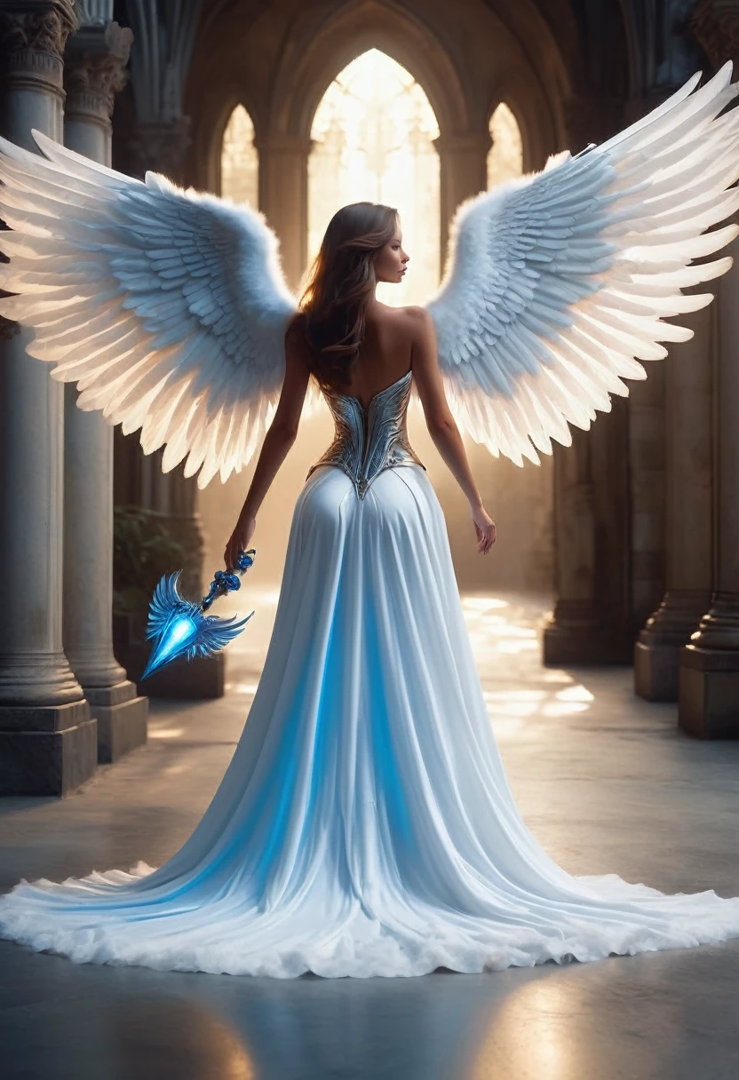 (full bodu with feet  and legs , back view)there is a woman in a white dress holding a blue object, full - body majestic angel, beautiful cyborg angel girl, big angel wings wide open, of beautiful angel, angel knight gothic girl, an angel of the dawn light, angel knight girl, angelic wings, ethereal wings, one angel, epic angel wings, angel girl, big white glowing wings