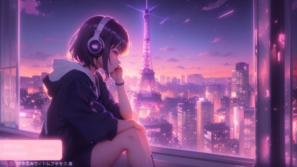 Anime girl sitting on a window sill looking at the Eiffel Tower, 4k anime wallpaper, anime wallpaper 4k, anime wallpaper 4k, anime art wallpaper 4k, anime art wallpaper 4k, Lo-fi Girl, Tokyo Anime Scene, Nightcore, Anime Style 4k, Makoto Shinkai Cyril Rolland, Anime atmosphere, Anime Art Wallpapers 8K, Anime Background