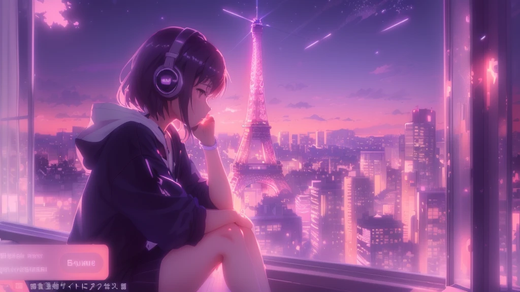 Anime girl sitting on a window sill looking at the Eiffel Tower, 4k anime wallpaper, anime wallpaper 4k, anime wallpaper 4k, anime art wallpaper 4k, anime art wallpaper 4k, Lo-fi Girl, Tokyo Anime Scene, Nightcore, Anime Style 4k, Makoto Shinkai Cyril Rolland, Anime atmosphere, Anime Art Wallpapers 8K, Anime Background