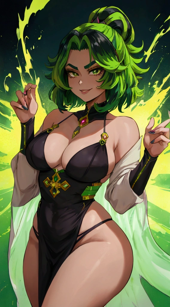 MHA's Lady Nagant is a strong woman with an anime style characteristic of the series. She has vivid green hair, with lime green parts, and a messy, unusual hairstyle. Your eyebrows are short, and her cute look is accentuated by lemon-colored eyes. Her hair is a mix of dark and light strands., creating a unique and attractive visual effect. Lady Nagant wears a neon green heroic costume, and her appearance is complemented by a charming smile and soft lips. The lighting around you highlights the beauty of your voluminous hair and the sophistication of your black outfit., creating a stunning and memorable image.