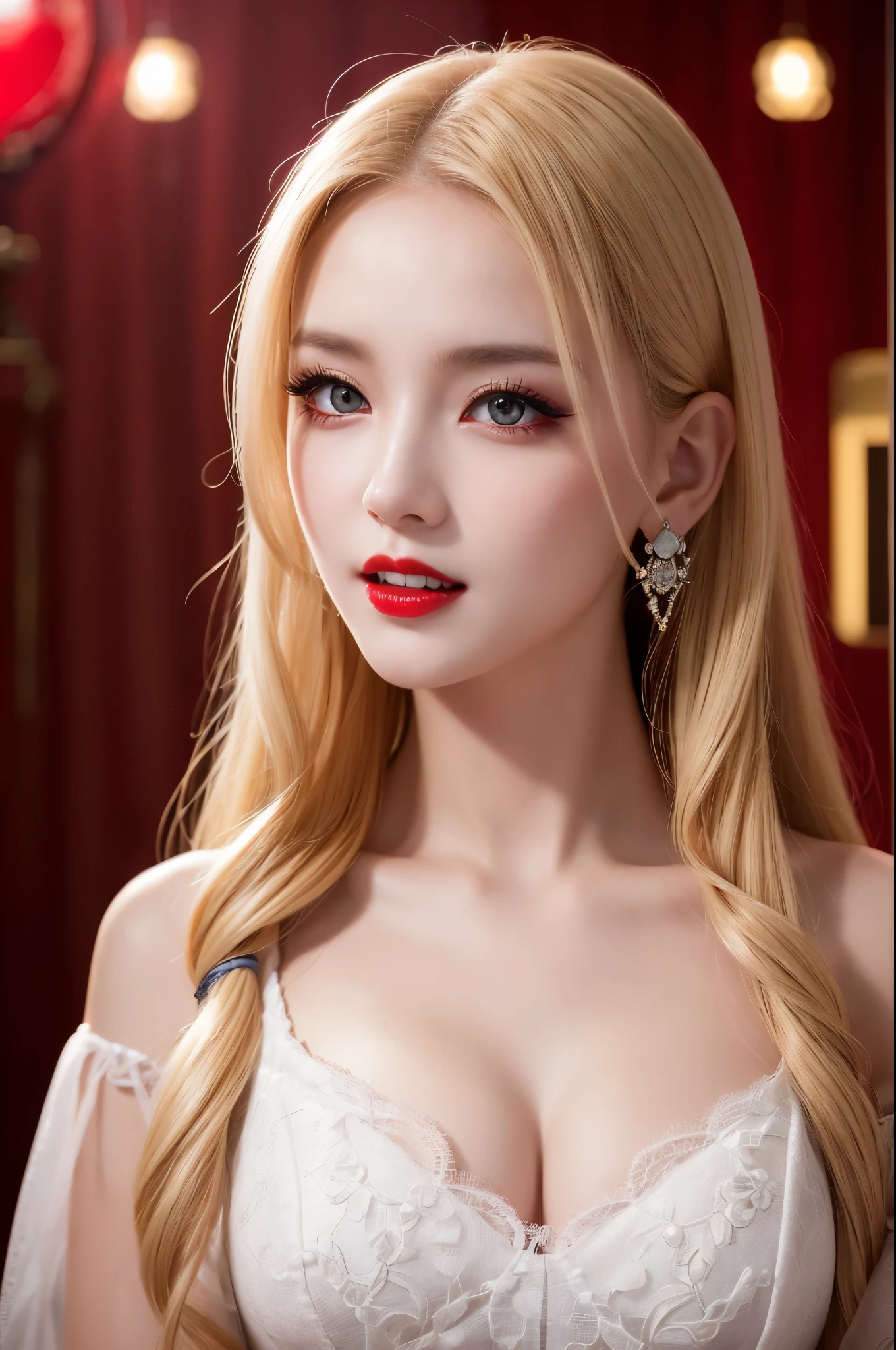 8K、Photorealistic RAW photos of the highest quality。so beautiful(A vivid face) Bright colors、Image of a perfect adult woman、Laughter、Art Station Trends、masterpiece、8K resolution、Fantasy art、Ultra-high resolution,,Mr..々Pause,charm,sexy,Rich colors, Backlight, Cinema Lighting, Film Grain, to be born, 50mm lens, Nikon D850,Vampire Queen,Glowing red eyes,White skin,Ultra-Realistic Skin,Luxurious red dress,Red lipstick,Red nails,Inside the Labyrinth,Vampire Fangs,sexyな外装,blonde,Adult women,