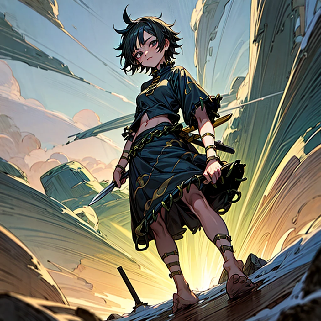 1girl, Full body version, 1character, girl version, black eyes color, short haircut, black colour hair, Ancient Roman style clothing, long skirt, Grassroots, background in snow town, motion blur, (one piece style art), snow, knife in hand, high angle view 