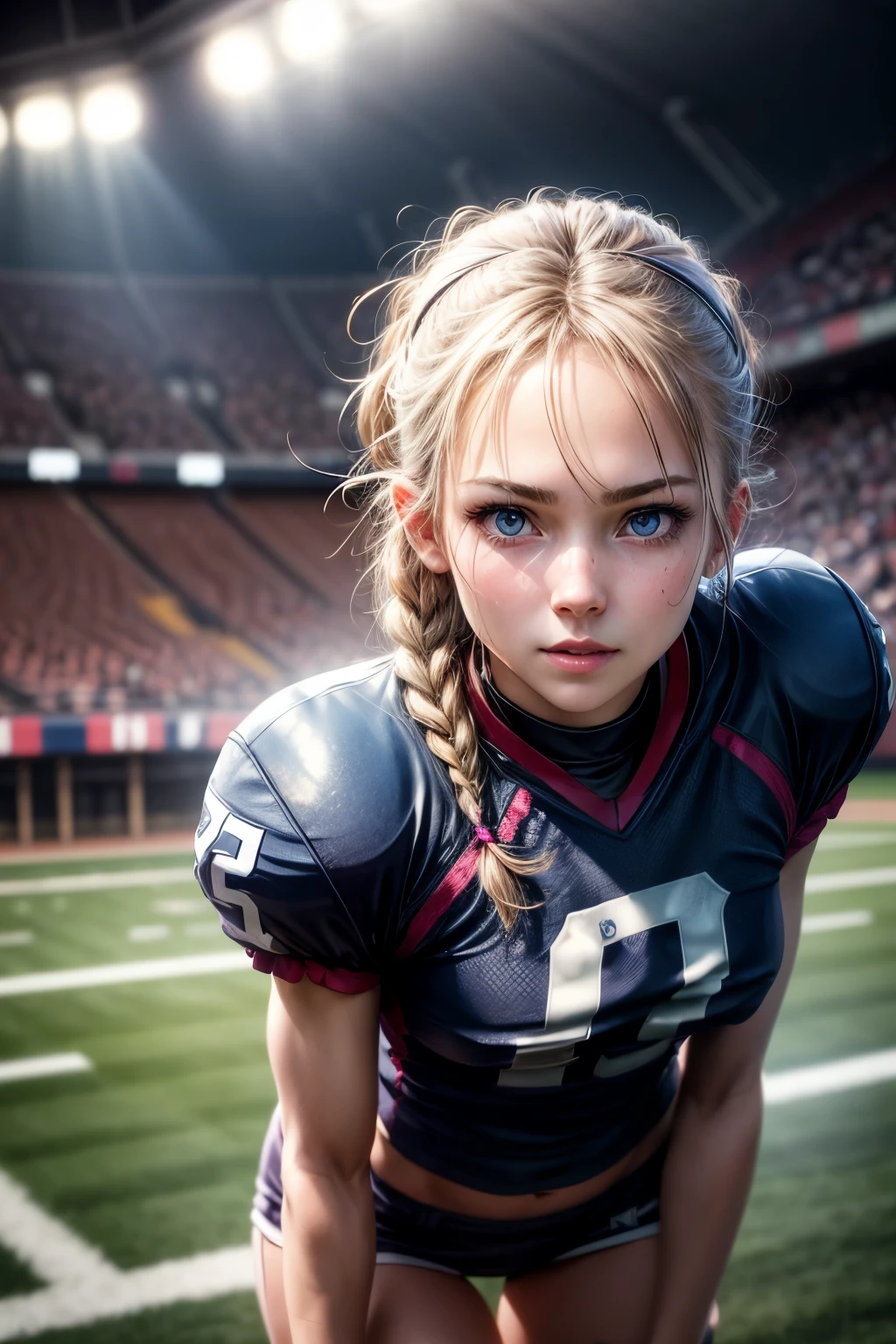 Masterpiece, 4K,8HD,artstation,8K, teenage girl,Nerd,grasses,orange tied hair,blue eyes,sport,violet and pink american footboll uniforms,number seven,full body ,(8K, CRU photo, maximum quality, work of art: 1.2), work of art, Super detaileds, Ultra-high decomposition energy A, (realistic and realistic photos: 1.37), RAW color photography in high definition, Very delicate and beautiful., About Igree, Papel de parede 8K, incredible, detaileds, extremely detailed eye, highly detailed skin, extremely detailed fingers, Highly detailed nose, highly detail mouth, Perfect Anatomia,1 girl in, (American football uniforms), a miniskirt,A skinny, toned butt, Stockings,Keep one's mouth shut、smile happily, comprido、braids、eyes large、Distinctive double eyelids、 eyelash、long neck、Absolute Area、clean collarbone、face perfect、fine lips、a small face、(lookin at viewer、highlights in the eyes、clear blue eyes、lip gloss), (American football stadium: 1.4) jewerly, cute smile,、Posing Engraving Idol, perfect lighting, dynamic young man, (intense attacks: 1.6), American football game,