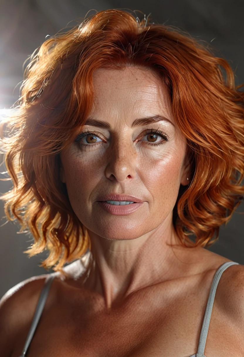 Full body, a mature portuguese woman with a large natural chest, short shaved red hair, brown eyes, naked, profissional porn actress, half light beam, ring light background, photorealistic, 8k, extremely detailed, high quality, ((full body)), cinematic lighting, dramatic colors, beautiful skin, detailed features ((consistent character)) ((seed 69)), ((consistent hair cut))