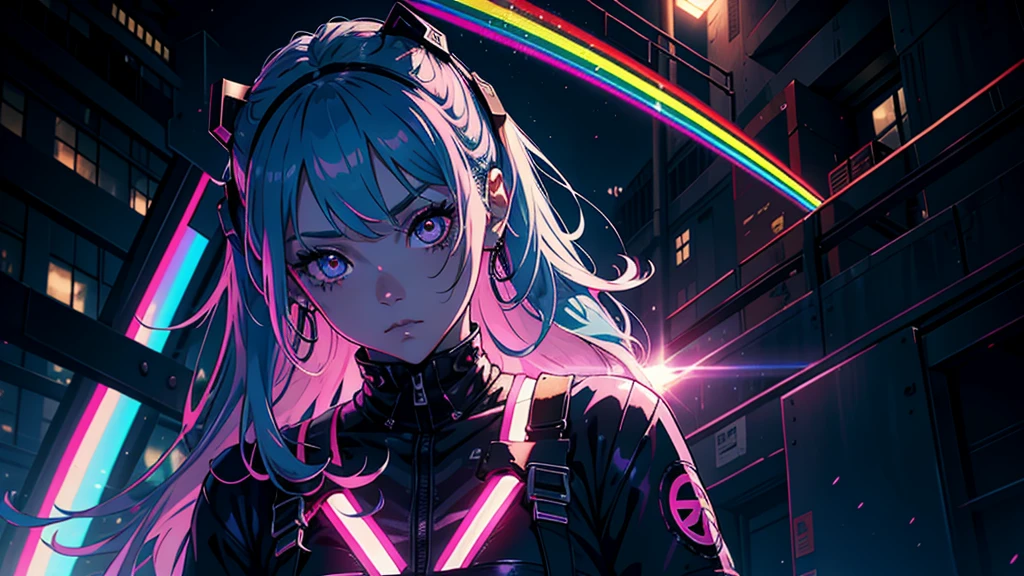 close up, 1 girl, standing alone, [dark blue and pink hair: blue and pink hair:0.2], cyber punk, hightech, in, mechanical parts, Looking at the audience, blackw eyes, long hair, Super Tech Women's Luminous Laser Overalls, cyber punk mechanical body parts, with tattoos, hinterland, luminous laser earrings. hight contrast, natta, blackw, [freckles:0.9], reflective transparent rainbow, long hair, breastsout, white skin Korean woman&#39;s most beautiful face, seductive expression, (relaxed pose: 1.5), Eva, complex background, Sony A6300, extremely beautiful and beautiful anime illustration, with cinematic perspective，(relaxed pose: 1. 5), Eva, complex background, Sony A6300, extremely beautiful and beautiful anime illustration with a cinematic perspective.