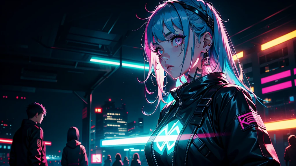 close up, 1 girl, standing alone, [dark blue and pink hair: blue and pink hair:0.2], cyber punk, hightech, in, mechanical parts, Looking at the audience, blackw eyes, long hair, Super Tech Women's Luminous Laser Overalls, cyber punk mechanical body parts, with tattoos, hinterland, luminous laser earrings. hight contrast, natta, blackw, [freckles:0.9], reflective transparent rainbow, long hair, breastsout, white skin Korean woman&#39;s most beautiful face, seductive expression, (relaxed pose: 1.5), Eva, complex background, Sony A6300, extremely beautiful and beautiful anime illustration, with cinematic perspective，(relaxed pose: 1. 5), Eva, complex background, Sony A6300, extremely beautiful and beautiful anime illustration with a cinematic perspective.