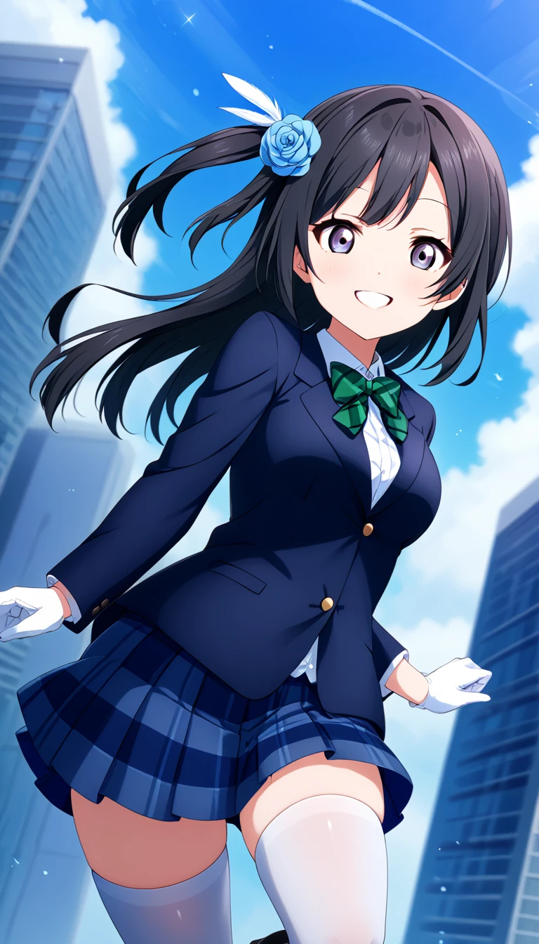 masterpiece, best quality,  one side up, feather hair ornament, hair flower, white gloves, legwear, thighhighs, flying,background in sky, smile, (1girl), (solo), otonokizaka ,winter uniform, red striped bow tie, navy blue blazer, blue striped pleated skirt,from below, BREAK score_9, score_8_up, score_7_up, score_6_up, source_anime 