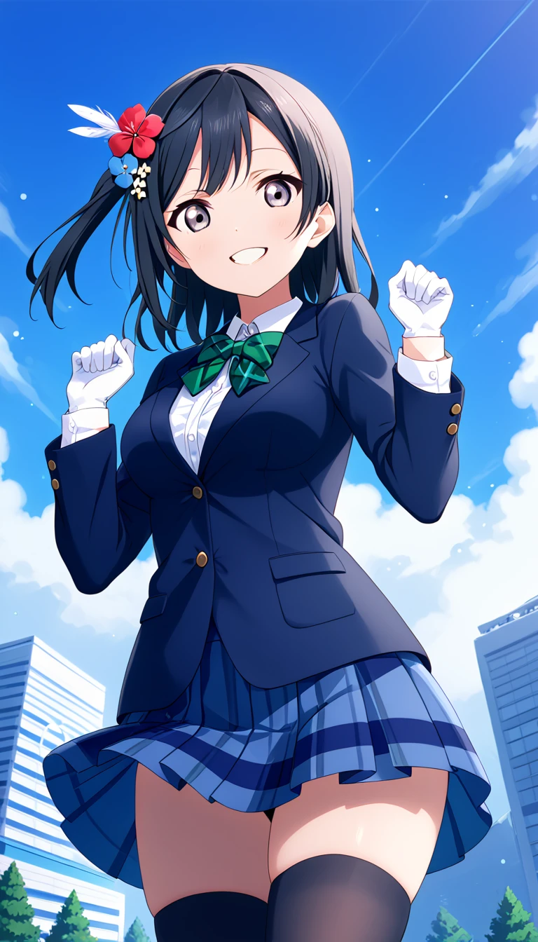 masterpiece, best quality,  one side up, feather hair ornament, hair flower, white gloves, legwear, thighhighs, flying,background in sky, smile, (1girl), (solo), otonokizaka ,winter uniform, red striped bow tie, navy blue blazer, blue striped pleated skirt,from below, BREAK score_9, score_8_up, score_7_up, score_6_up, source_anime 