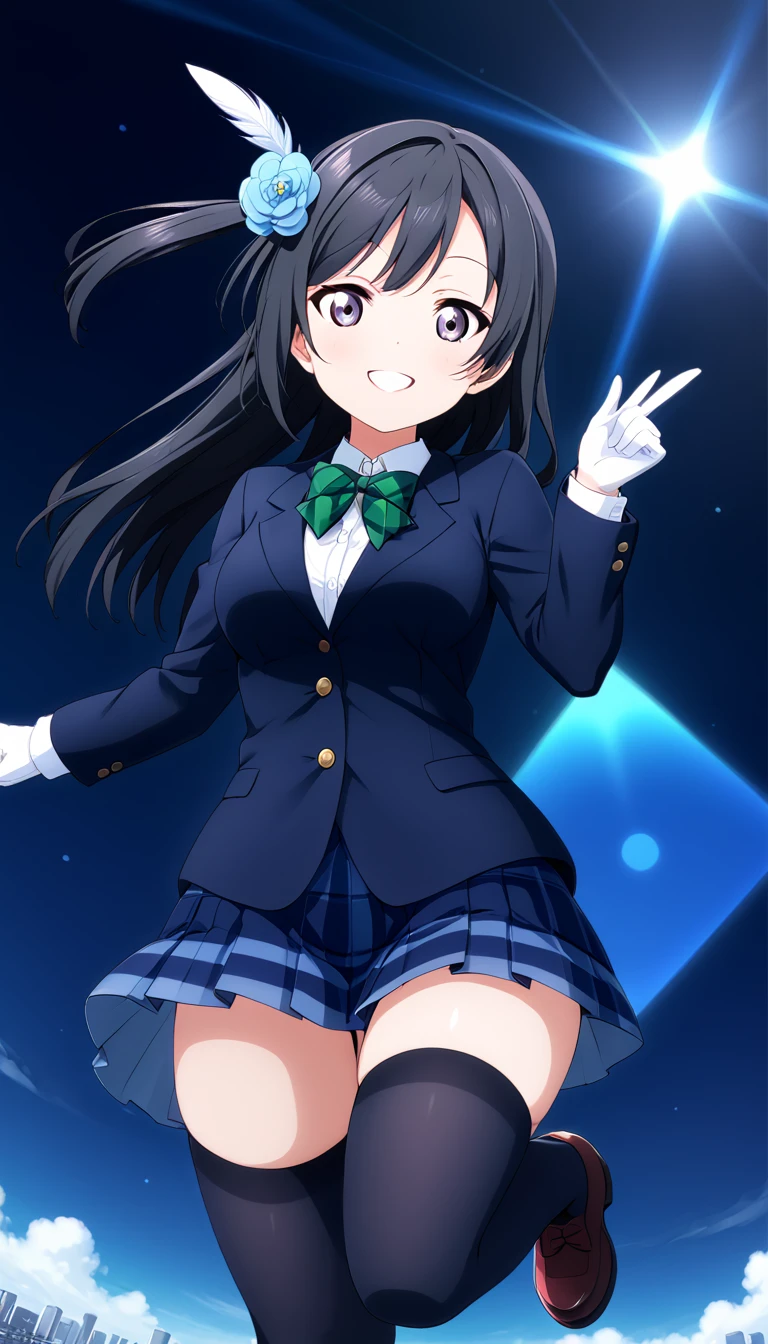 masterpiece, best quality,  one side up, feather hair ornament, hair flower, white gloves, legwear, thighhighs, flying,background in sky, smile, (1girl), (solo), otonokizaka ,winter uniform, red striped bow tie, navy blue blazer, blue striped pleated skirt,from below, BREAK score_9, score_8_up, score_7_up, score_6_up, source_anime 