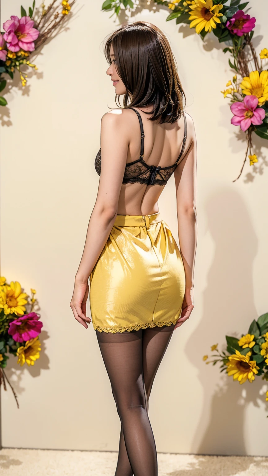 ((masterpiece)),(((Highest quality))),Thin thighs,Long legs,whole body:1.5,(One Girl:1.3),(Black pantyhose and thick pointy heels:1.3),(Wearing a light yellow lace bra:1.2),Wearing a light yellow tight skirt:1.5,Slim figure:1.5,The best smile:1.5,Short Blonde:1.2、Open legs and stick out buttocks pose,Back view:1.5,Colorful flowers background
