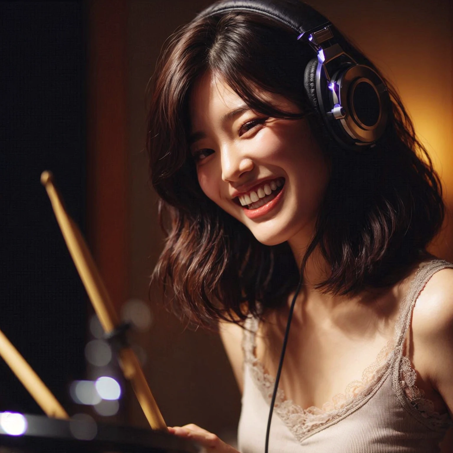 a young korean woman playing drum in a recording studio. She is wearing large headphones. she has a joyful expression on her face, medium chest, wavy bob hair, fully immersed in the music. conveying the emotion and intensity of her performance. The background is dimly lit, focusing the attention on her. Describe the atmosphere, the emotions