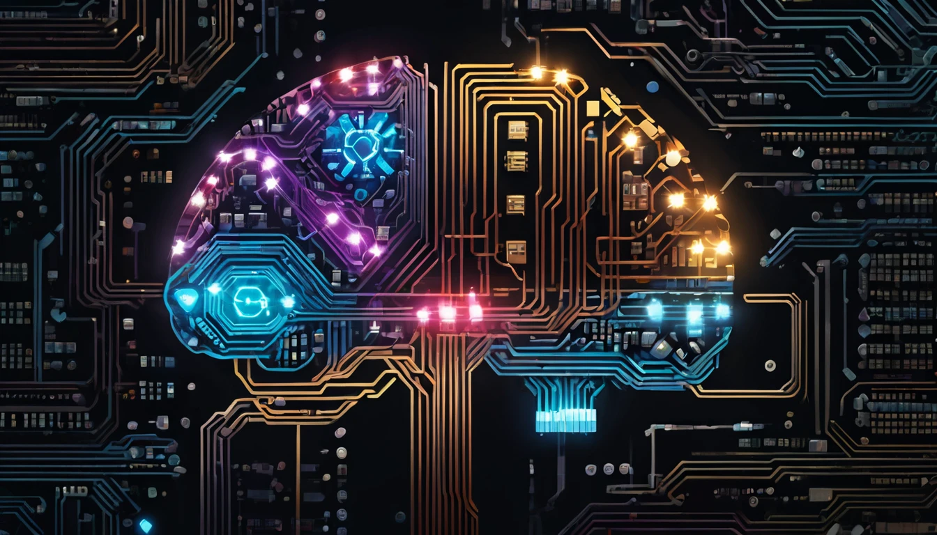 A stylized illustration of a brain made of circuit boards and AI symbols, with Go stones integrated into the design. Sleek, modern tech aesthetic with Google colors.