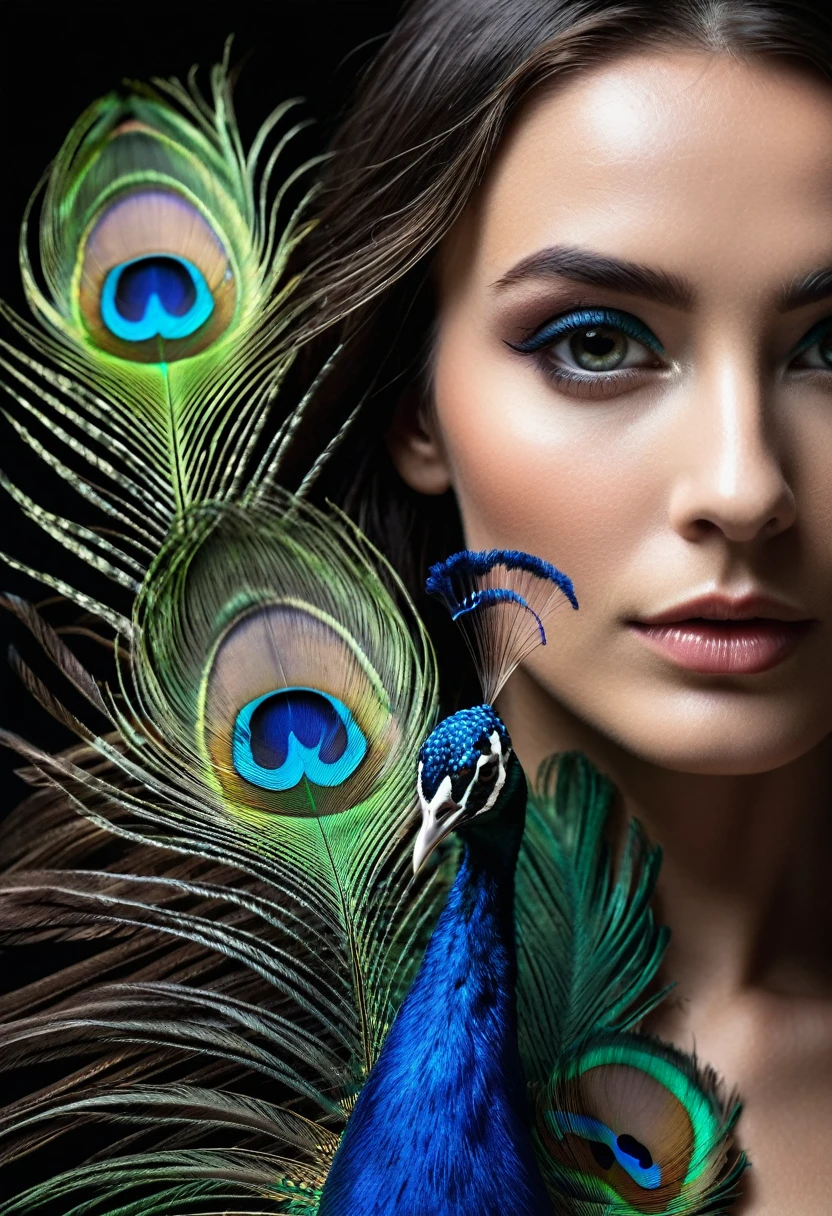 ultra clear raw photo of woman with a peacock feather, close up, dark background