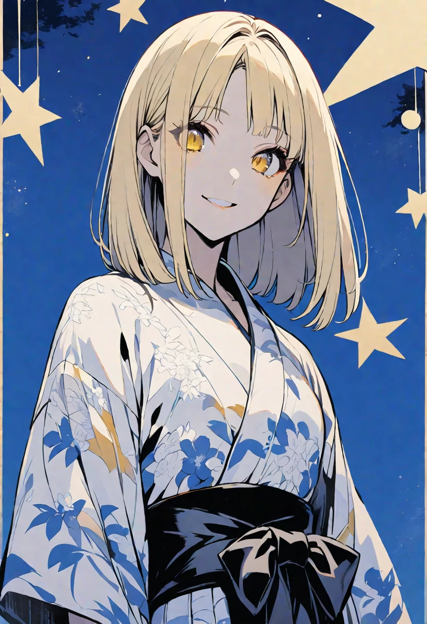 solo,handsome, monotone,
1. Female,
,Straight Hair,Bob Hair, Bob, blonde hair,
Kazuka Nakano ,
yellow eyes,Soft look,beautiful,beautiful,Lolita,Darkness,
smile,skin, yukata,
,Star,night sky,
simple background ,
Blue background,