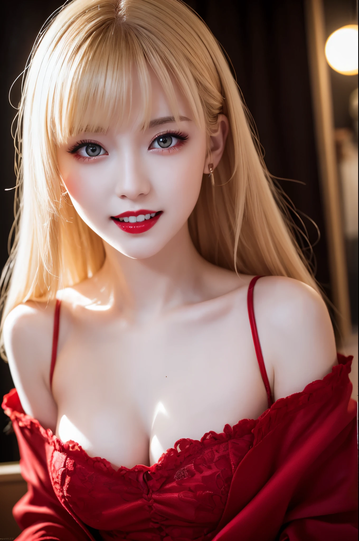 8K、Photorealistic RAW photos of the highest quality。so beautiful(A vivid face) Bright colors、Image of a perfect adult woman、Laughter、Art Station Trends、masterpiece、8K resolution、Fantasy art、Ultra-high resolution,,Mr..々Pause,charm,sexy,Rich colors, Backlight, Cinema Lighting, Film Grain, to be born, 50mm lens, Nikon D850,Vampire Queen,Glowing red eyes,White skin,Ultra-Realistic Skin,Luxurious red dress,Red lipstick,Red nails,Inside the Labyrinth,Vampire Fangs,sexyな外装,blonde,Adult women,