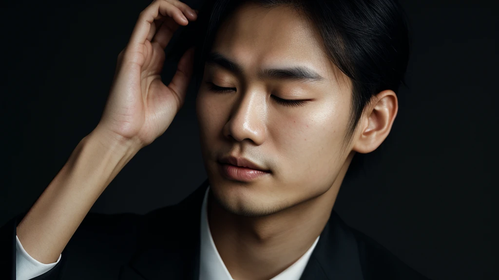 Asian face closeup,closed eyes,elegant men,dark theme, detailed skin, empty background