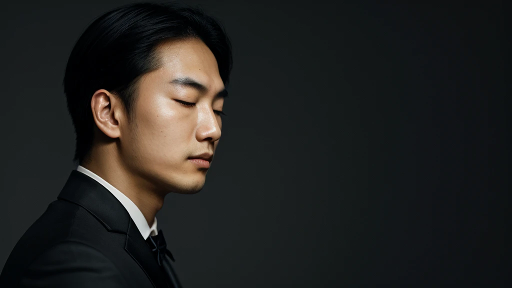 Asian face closeup,closed eyes,elegant men,dark theme, detailed skin, empty background
