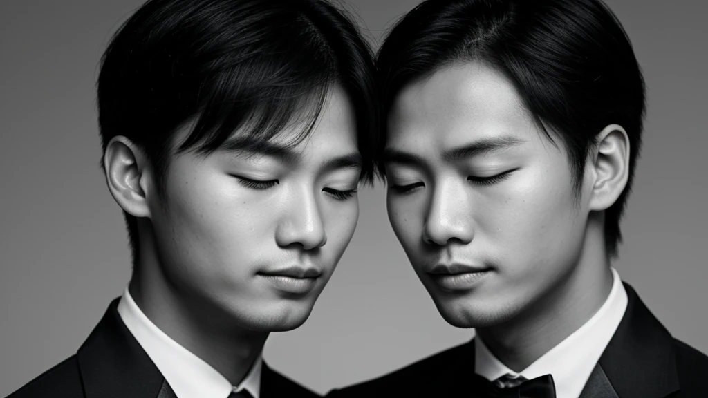 Asian face closeup,closed eyes,elegant men,dark theme, detailed skin, empty background