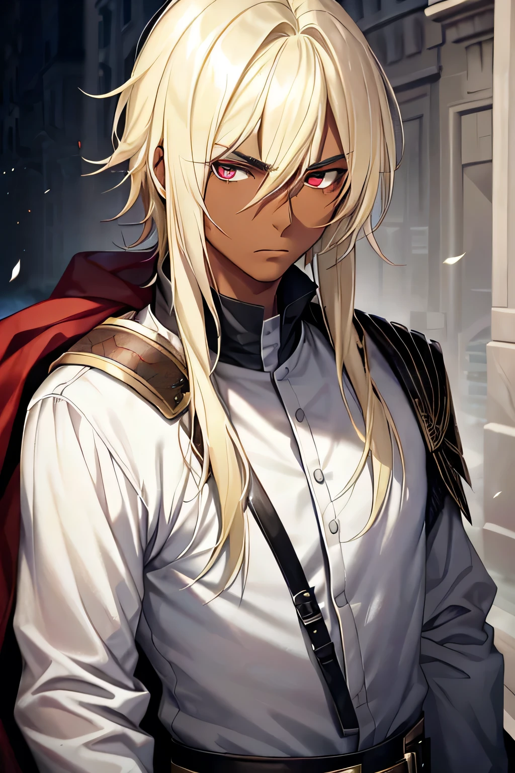 cowboyshot, solo ,1boy, male focus, (dark-skinned male), messy hair, pale blonde hair, AND ((blonde eyebrows)), hair between eyes, red eyes, bags under eyes, (sparse stubble), scar across eye, black roman assassin armor, festival, New york city, ultra hd, hires, absurd hires, holding a dagger