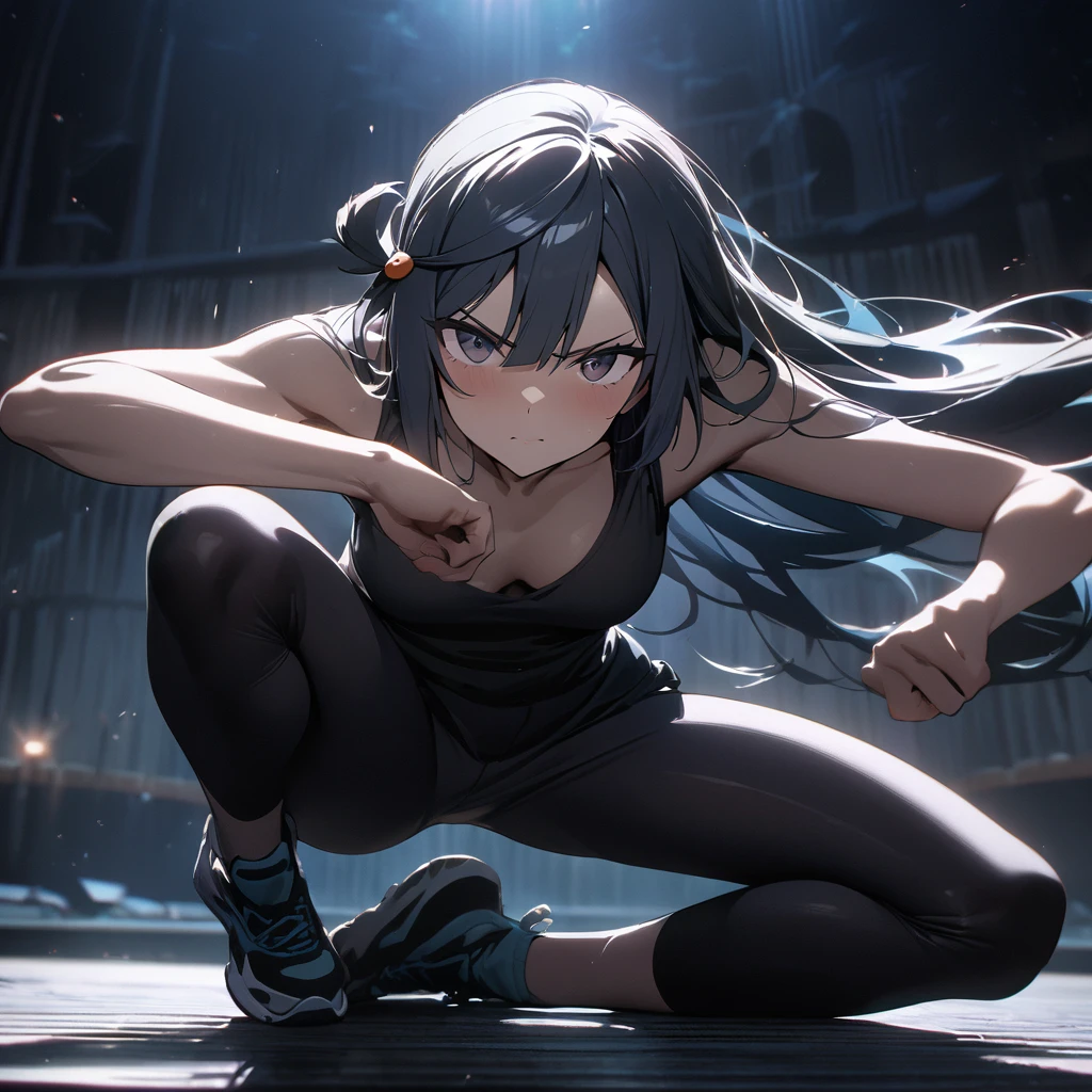 (Yuuki Setsuna), cool, dramatic pose, (masterpiece, best quality, ultra detailed), (cinematic lighting), looking at viewer, yoga