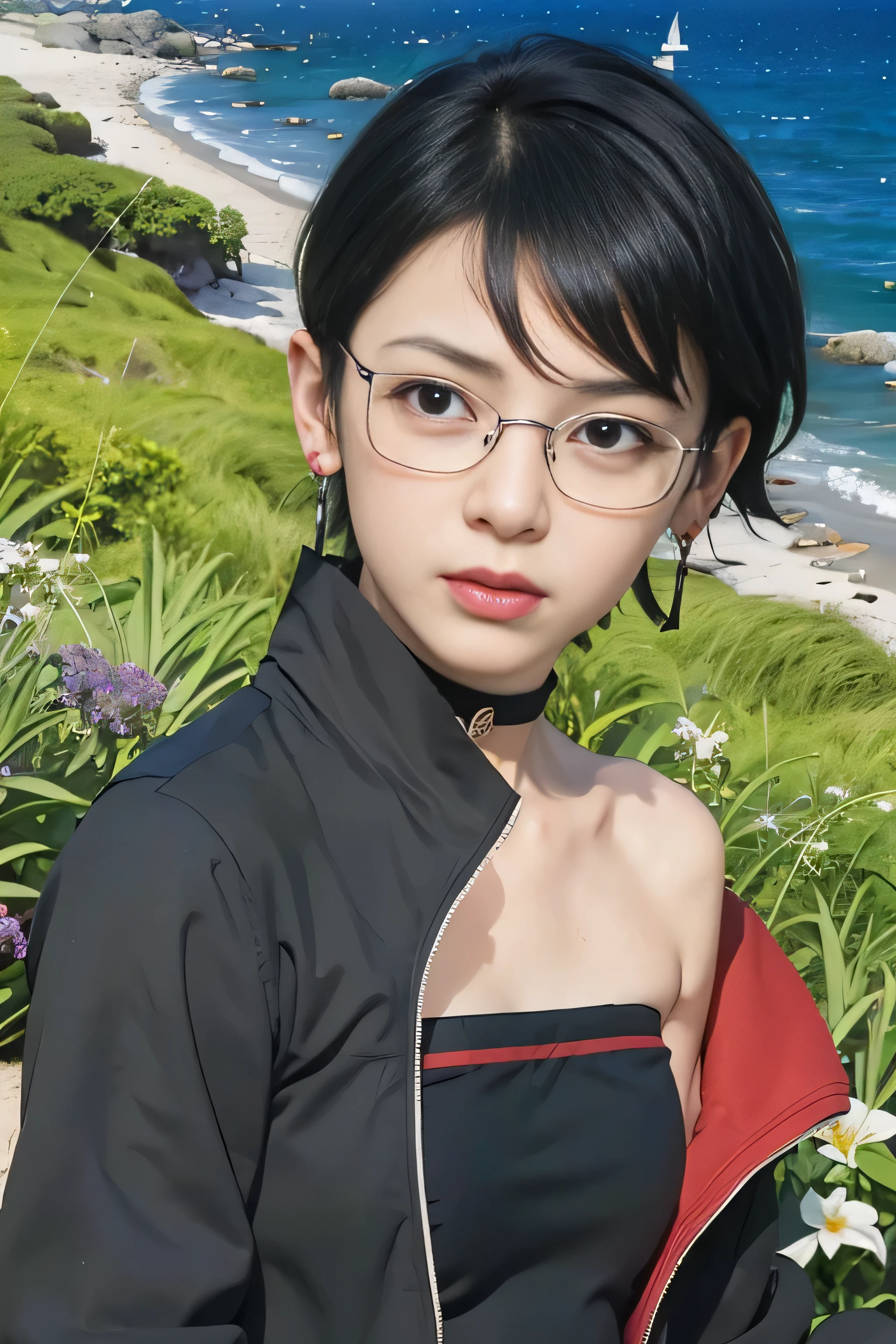 masterpiece, best quality, (realistic,photo-realistic:1.4), (RAW photo:1.2), extremely detailed CG unity 8k wallpaper, delicate and beautiful, amazing,finely detail, official art, absurdres, incredibly absurdres, huge filesize, ultra-detailed,extremely detailed eyes and face,light on face,yuuki asuna,(little smile),(black hair:1.4),(wearing tube top:1.4),(very short hair:1.4),nature,sarada uchiha ,(wearing black framed glasses:1.4),(wearing earrings:1.4),choker,(beach background:1.4),grass field
