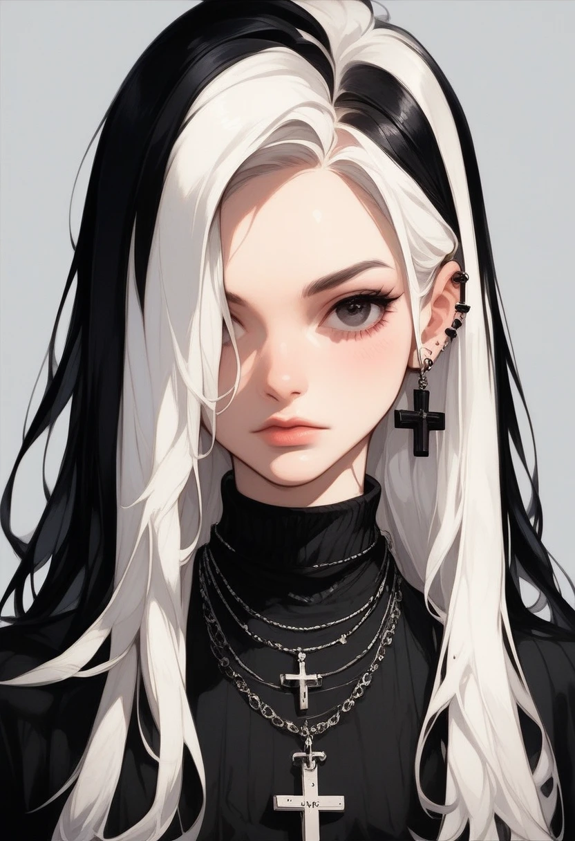 Fraction_9, Fraction_8_Direction_7_up, Goth girl, Goth girl 1girl 1girl,Solitary,Long hair,Looking at the audience,Simple background,Black Hair,Jewelry,White hair,Colorful hair,Necklace,black eyes,Gray background,necklace,Hair covering one eye,Two-tone hair,cross,portrait,,  