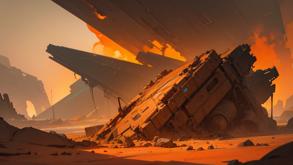 A dramatic crash-landed spaceship on the surface of Mars, with flames and smoke billowing from the wreckage, a dystopian sci-fi landscape, dramatic lighting, cinematic camera angle, highly detailed, award winning digital art, 8k, photorealistic, concept art, muted color palette, gritty, moody, dramatic