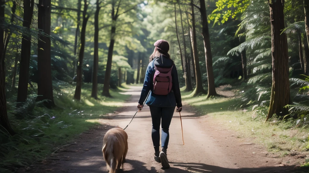 (Better image quality) a girl walking her dog in a forest.