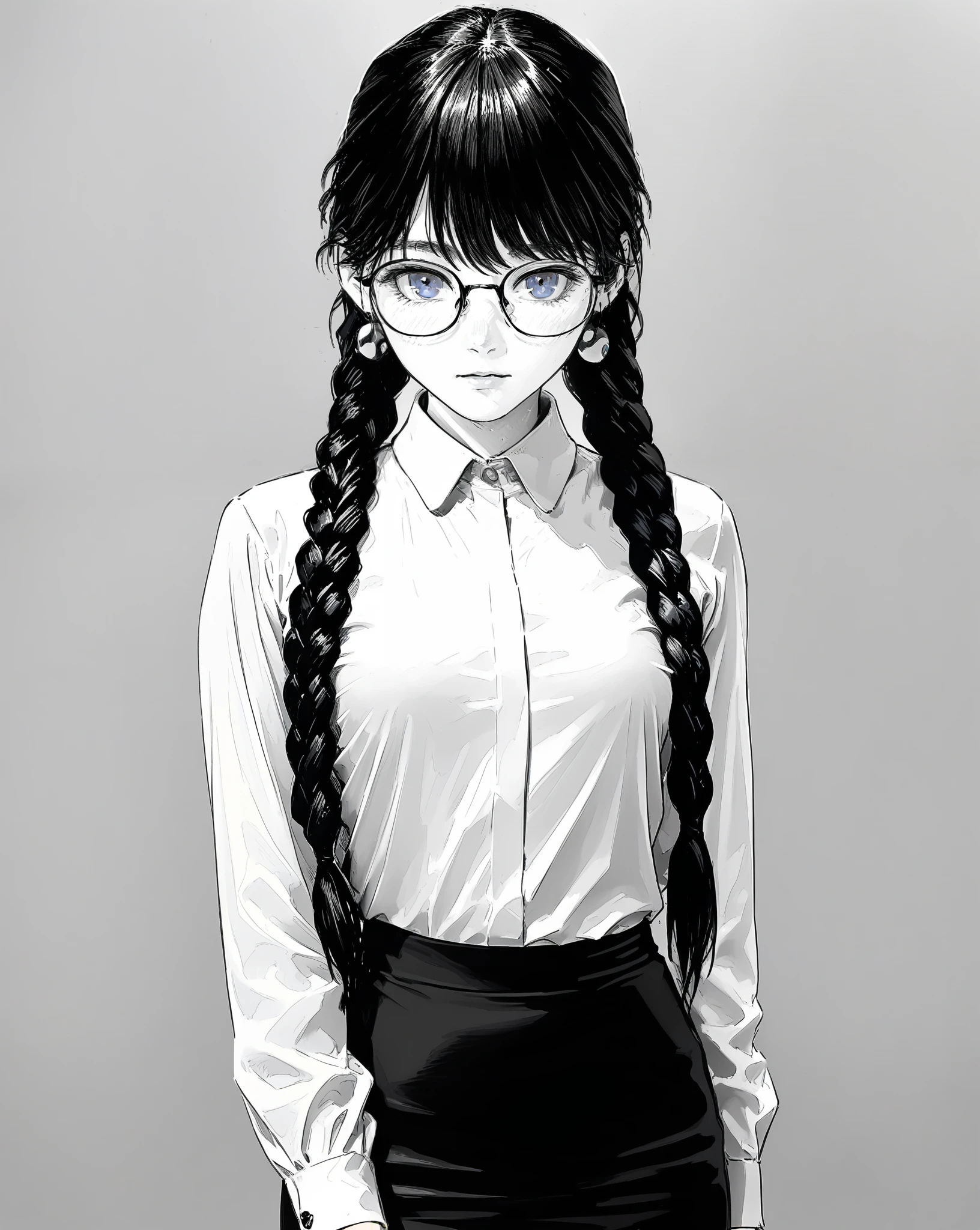 masterpiece,best quality,4K,8K,teenage,monochrome, hatching shading, sp1t, \(medium\),fkey70,
1girl,solo,arm behind back,arms at sides,looking at viewer,
standing,dark hair,
braids,earrings,blue eyes,glasses,
collared shirt,long sleeves,black skirt,
simple background,
upper body,