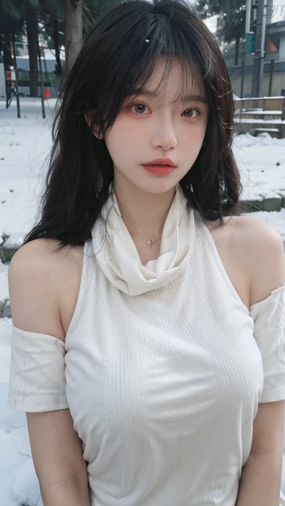 Portrait photography，1 girl，Snow Scene，Snowing background，Thickened cup strapless outer expansion underwear for women with small chest, gathered, non-slip and large, 6cm front buckle, wrapped chest, flat chest, tube top ，whole body：1.4，Lipstick，(Big Breasts:1.6)，Headband，serene，calm，(Realistic and detailed eyes，Natural skin texture，Realistic facial details)，