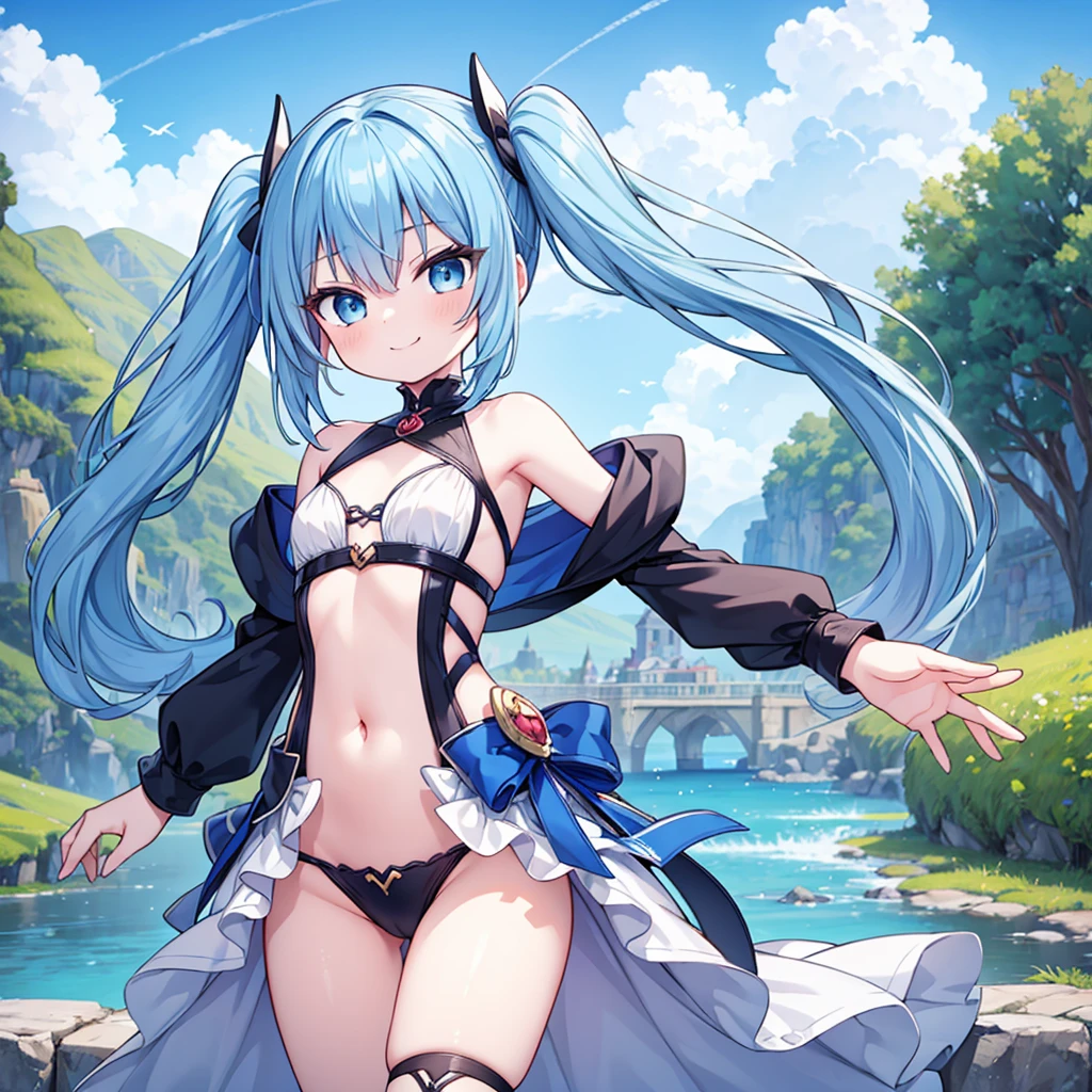 Masterpiece, best quality, ultra detailed, extremely detailed,1girl, evil smiling, looking at viewerery,flat chest,blue hair,twintails,middle hair,sky blue eyes, (((petite))), slim thighs,