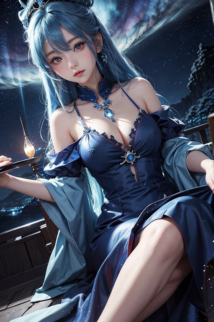 Ultra HD、A beautiful blue-haired character、Has a blue crystal、Cute big eyes、close、Red burning cheeks、Night scene with starry sky background、fortune teller、Wearing a gorgeous dress、Subtle details、A fantastic atmosphere、Anime style