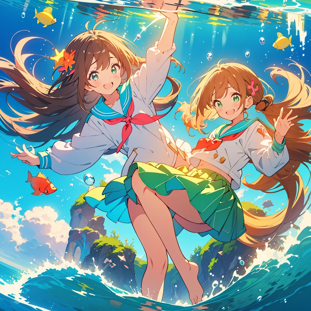 kawaii, anime, Cute, hyper quality, highly detailed, 8k, Front facing, Clarity, brown long hair, green eyes, smile, sailor suit, the skirt flaps, In the water, Pose with movement, countless bubbles, wrapped in bubbles, light shines in, underwater, rainbow light effect, Fantastic, particles of light, School of colorful small tropical fish, twist your body, shining in rainbow colors, vivid sea, sea swell, In the bright sea, Uplifting, school of small fish, Bubbles of various sizes, Colorful light, Clearly depict facial expressions, Draw 5 fingers, sink into the sea, Draw only what is underwater, water, rainbow colored coral reef, richly colored light, barefoot, hold one's feet,