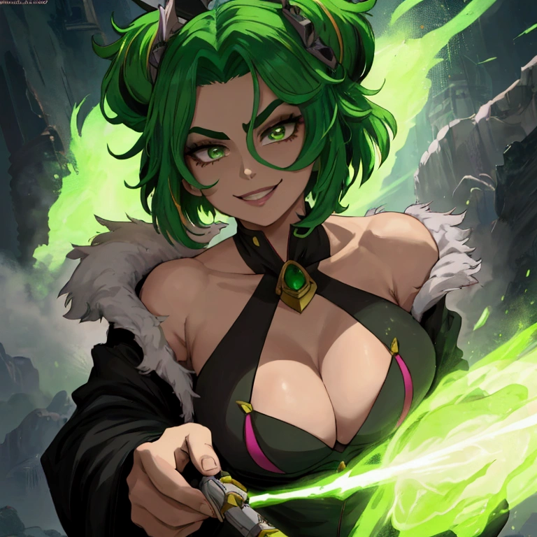 MHA&#39;s Lady Nagant is a strong woman with an anime style characteristic of the series. She has vivid green hair, with lime green parts, and a messy, unusual hairstyle. Your eyebrows are short, and her cute look is accentuated by lemon-colored eyes. Her hair is a mix of dark and light strands., creating a unique and attractive visual effect. Lady Nagant wears a neon green heroic costume, and her appearance is complemented by a charming smile and soft lips. The lighting around you highlights the beauty of your voluminous hair and the sophistication of your black outfit., creating a stunning and memorable image.