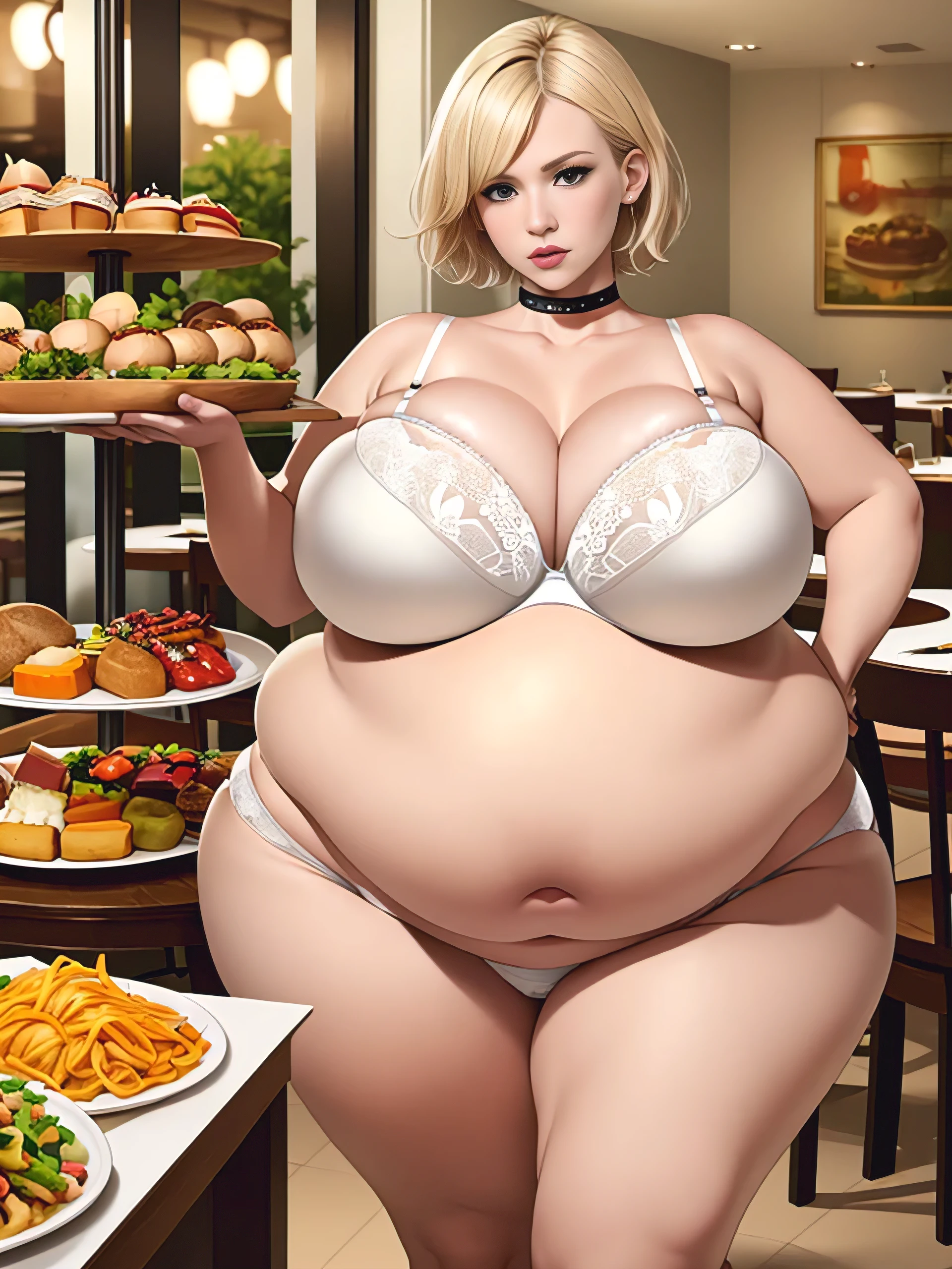 January Jones, masterpiece quality, (masterpiece quality:1.3), detailed, realistic, (realistic:1.3), in a busy restaurant, lots of food in background, food everywhere, buffet table in background, short hair, platinum hair, wearing white bra, (white bra:1.5), wearing white panties, (white panties:1.5), wearing choker collar, huge breasts, (huge breasts:1.3), fat body, fat belly, (fat belly:1.3), vore belly, (vore belly:1.3),