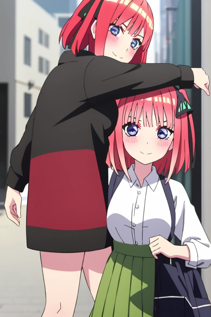 ((best quality)),((highly detailed)),masterpiece,absurdities,detailed face,beautiful face,(detailed eyes, deep eyes),1 girl,((dynamic pose)),pink hair,blue eyes,butterfly ornamental hair clip, black ribbon, skirt, hair ornament, shirt, bangs, ribbon, green skirt, white shirt, black cardigan, cardigan, open clothing, open cardigan, blunt bangs, hair band, closure, breasts , pleated skirt, V-shaped eyebrows, short hair, pigtails, collared shirt, indoors, medium hair, blush, alone, eyebrows hidden by hair, long sleeves, shyly happy with rosy cheeks, shy look down, two sides upturned, large breasts, dress shirt, shiny hair, standing, shiny, looking at viewer, medium breasts, holding a guy's hand and walking through the city of Tokyo at night. romantic moment. perspective from the side, from the side looking at the viewer, from the side the viewer looking at Nino while holding his hand. romantic moment.