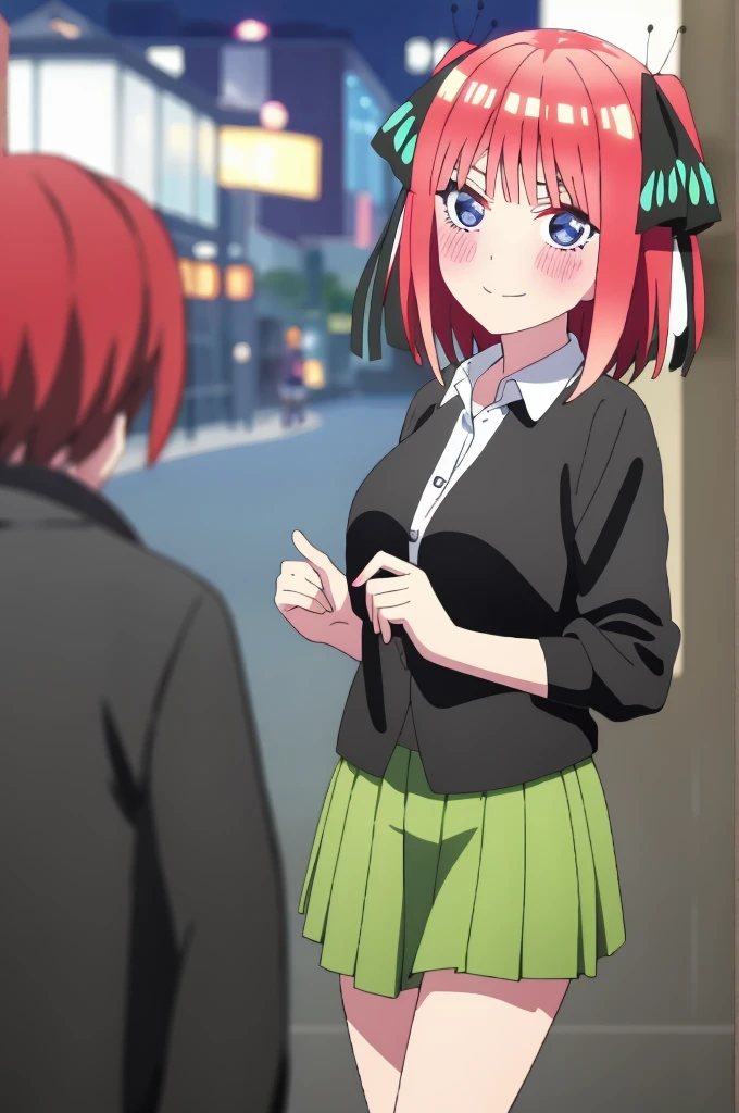 ((best quality)),((highly detailed)),masterpiece,absurdities,detailed face,beautiful face,(detailed eyes, deep eyes),1 girl,((dynamic pose)),pink hair,blue eyes,butterfly ornamental hair clip, black ribbon, skirt, hair ornament, shirt, bangs, ribbon, green skirt, white shirt, black cardigan, cardigan, open clothing, open cardigan, blunt bangs, hair band, closure, breasts , pleated skirt, V-shaped eyebrows, short hair, pigtails, collared shirt, indoors, medium hair, blush, alone, eyebrows hidden by hair, long sleeves, shyly happy with rosy cheeks, shy look down, two sides upturned, large breasts, dress shirt, shiny hair, standing, shiny, looking at viewer, medium breasts, holding a guy's hand and walking through the city of Tokyo at night. romantic moment. perspective from the side, from the side looking at the viewer, from the side the viewer looking at Nino while holding his hand. romantic moment.