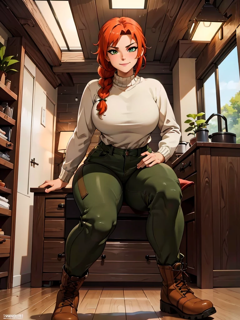 (best quality,4k,8k,highres,masterpiece:1.2),ultra-detailed,realistic:1.37,portrait, very sexy   girl lesbian redhead, braided hair, beautiful green eye, seductive, warm sweater,  unzipped camouflage pants, army boots, smirking, cozy lighting, vibrant colors. Futanari, lewd,    night, crotesc ,  erotic 