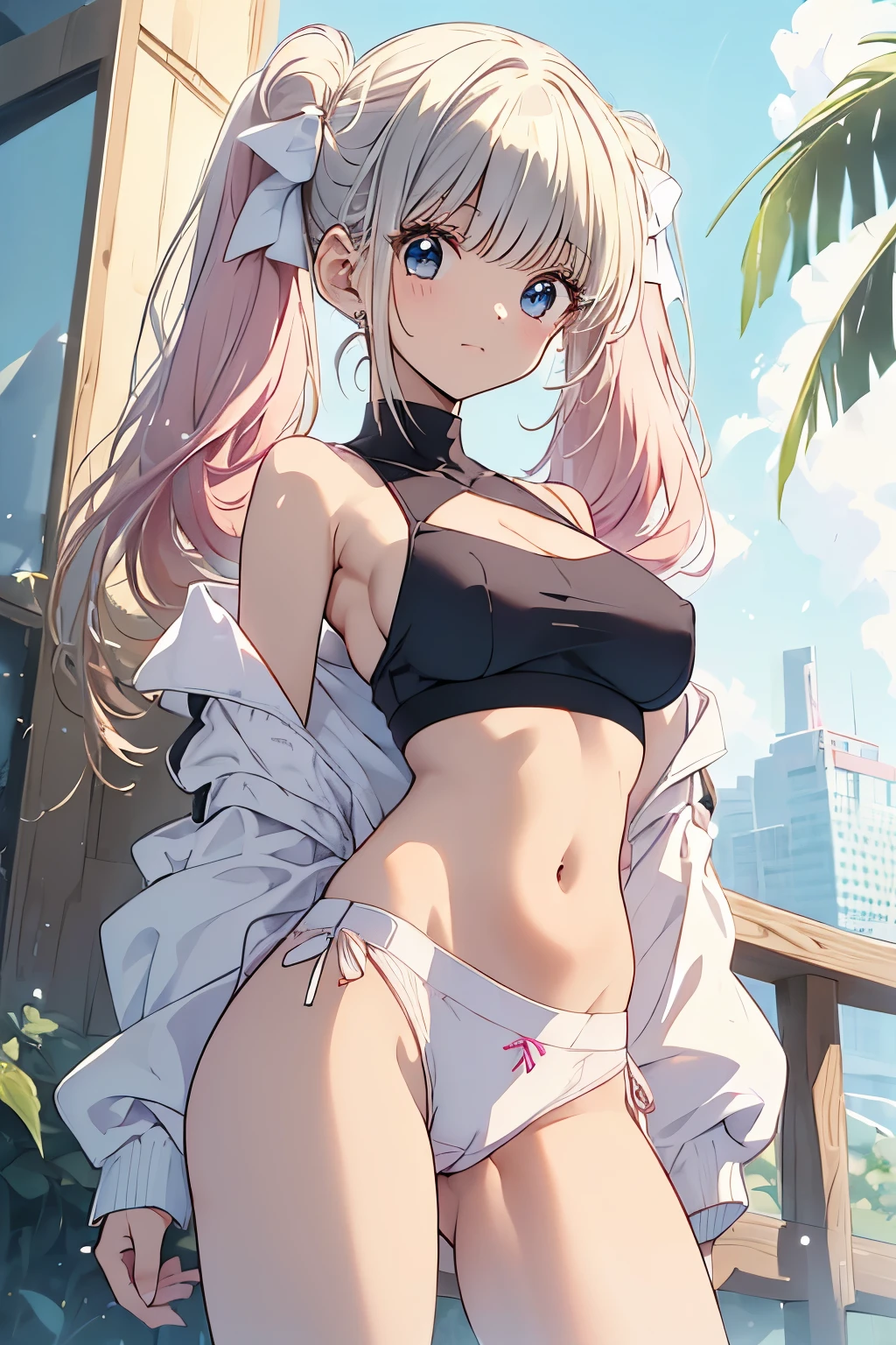 (busty girl), (white jacket), (light pink)tanktop, (pink thong)(high-leg)(high-cut), erect nipples, Narrow constricted waist, belly button, Small hips, bare hips, (partially exposed)vulva, (blond hair)buns(twintails), White ribbon, Dark Eyes, blue eyes, sunny, (crotch wedge)cameltoe