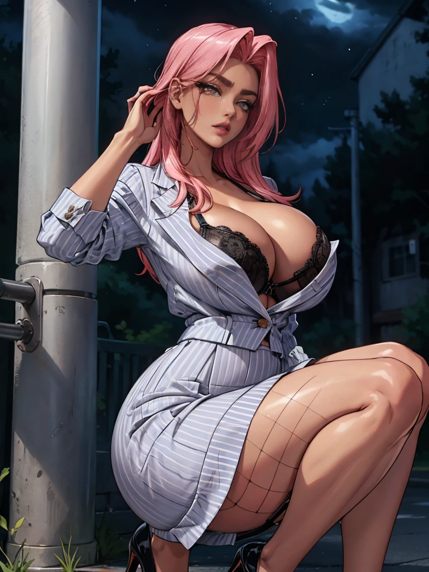 (masterpiece, realistic, best quality, perfect face, (beautiful and aesthetic:1.4), highest detailed face), ((Ingrid, 1girl, mature female, dark skinned female, pink hair, long hair, yellow eyes, (fake breasts), (narrow waist:1.2), wide waist, (tall waist:1.3)), perfect fit body, (cleavage:1.2), (((secretary:1.2), striped jacket, bra, black skirt suit, pencil skirt, miniskirt, high heels, (striped skirt:1.1), fishnet pantyhose, high heels)), (sexy pose:1.3), ((detail background), in dark )), detailed skin, skin pores, long detailed eyelashes, (night:1.3), curvy body type, looking at viewer, full shot, (solo:1.4), (elegant, intricate, digital photography, high quality, 4k, extremely detailed, sharp, CG, hyper realism, dramatic light, HDR),