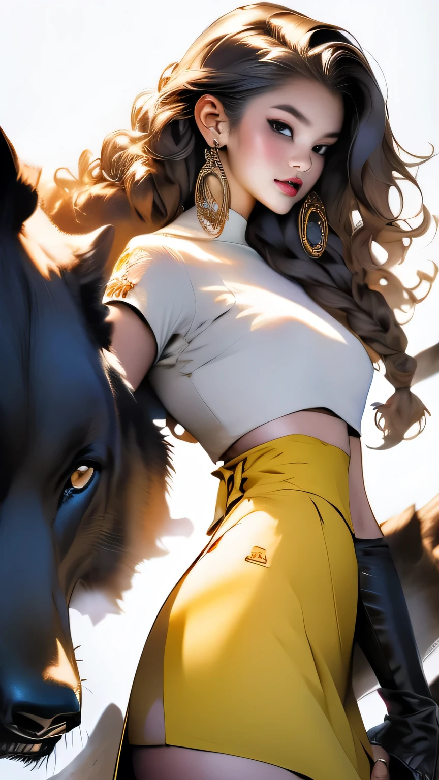 (Surreal), (picture), (High resolution), (In 8K), (Very detailed), (Best Illustration Photos), (Beautiful and fine details), (Highest quality), (Ultra-detailed), (masterpiece), (wallpaper), (Detailed face), solo, One Girl, White Wavy Hair, Korean Beauty,Black Eyes, (A loose-fitting blue and yellow checked maid outfit), Long legs, Toned Abs, stockings、((Curly hair in braids、good１))、