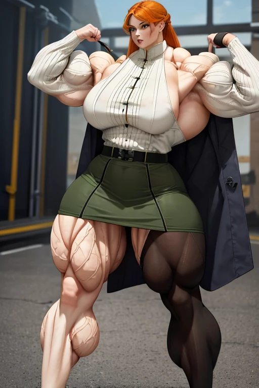 ((Massive, beautiful, buff, pale white skinned muscular woman with orange hair, green eyes, black lipstick, ginormous bulky muscles)), ((close view)), ((((long sleeve military overcoat)))), ((long sleeve military overcoat)), necktie, blazer, ((((military officer uniform)))), (((waistcoat))), (((military officer uniform))), (((pencil skirt))), (((pencil skirt))), tie clip, pocket square, cloves, (pantyhose), high heels, (close view), (massive muscles), hyper muscles, long shaggy hair, in a military base,