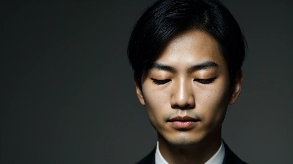 Asian face closeup,closed eyes,elegant men,dark theme, detailed skin, empty background