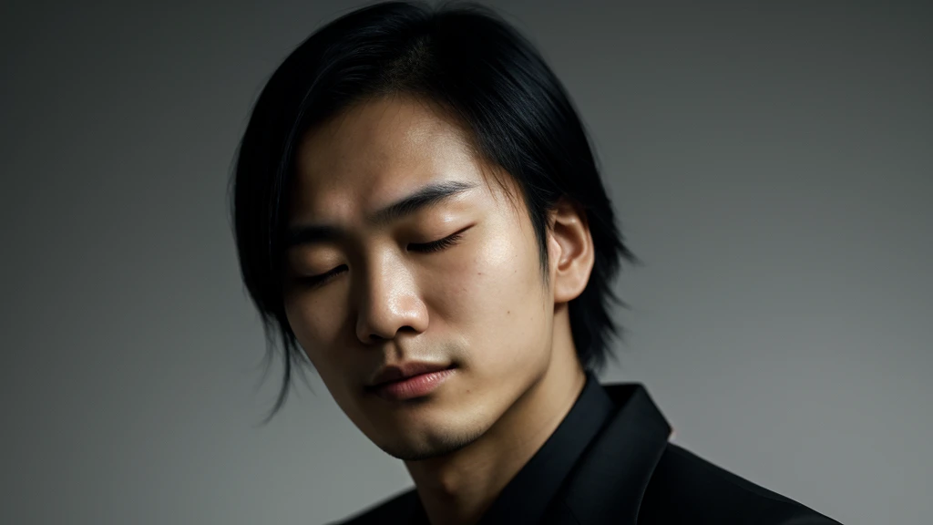 Asian face closeup,closed eyes,elegant men,dark theme, detailed skin, empty background