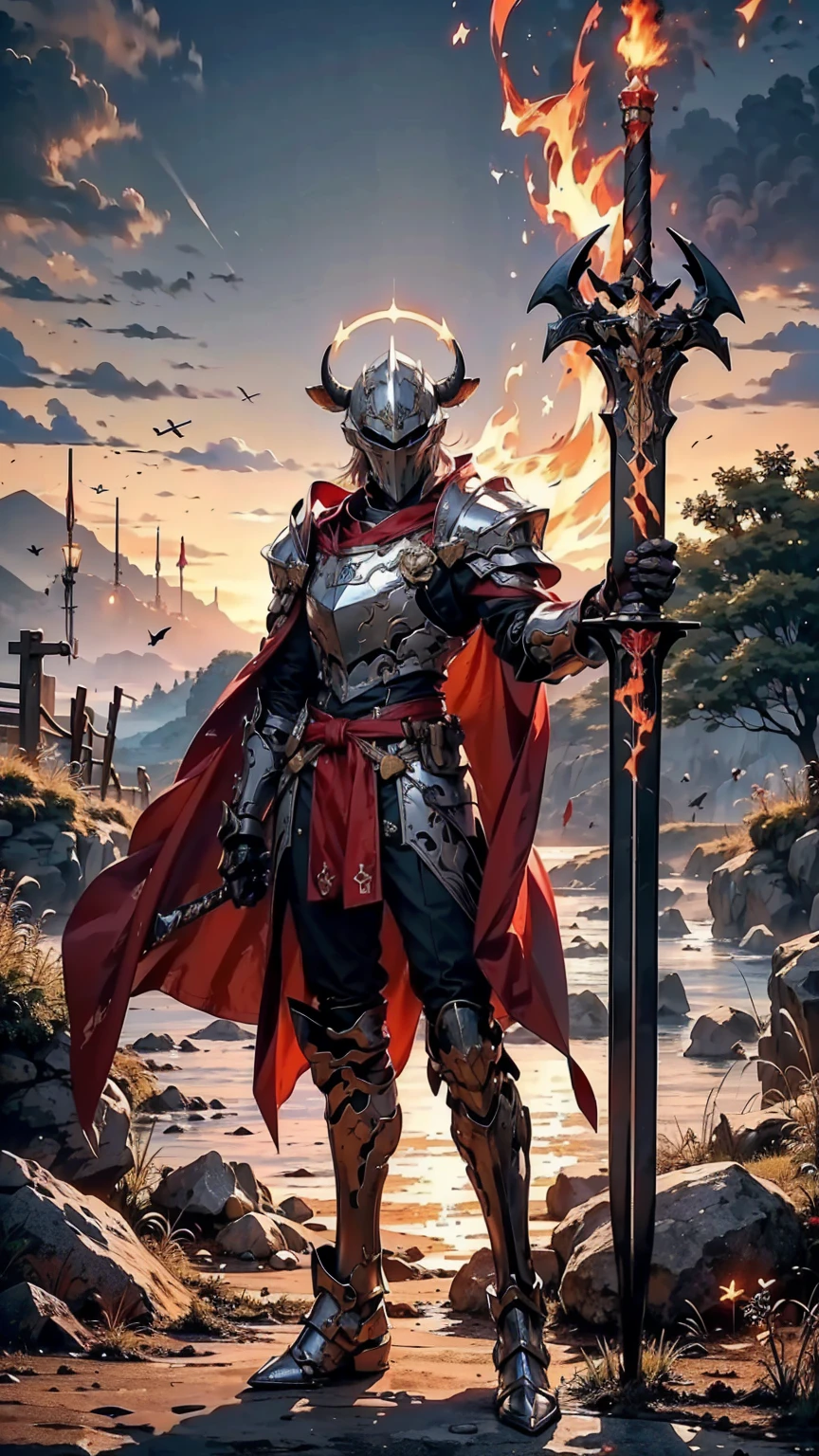 8K quality,(super masterpiece:1.3),Highest quality,Detailed Images,1 person,knight,pocket(Two cow horns,Red Tosaka),(Silver Full Armor,Blue decorated armor),(Wear a red cloak,Red Cape),(Hold a flaming sword in your right hand),(background:Burning image,sunset,幻想的なsunset,The End,The end of the world,grassland,Takayama,Halo effects),(Whole body image,Standing with your legs apart),(Face directly towards the camera,Looking directly at the viewer,looking at the camera,The body faces the viewer,The body is facing the direction of the camera,Face looking straight into the camera).