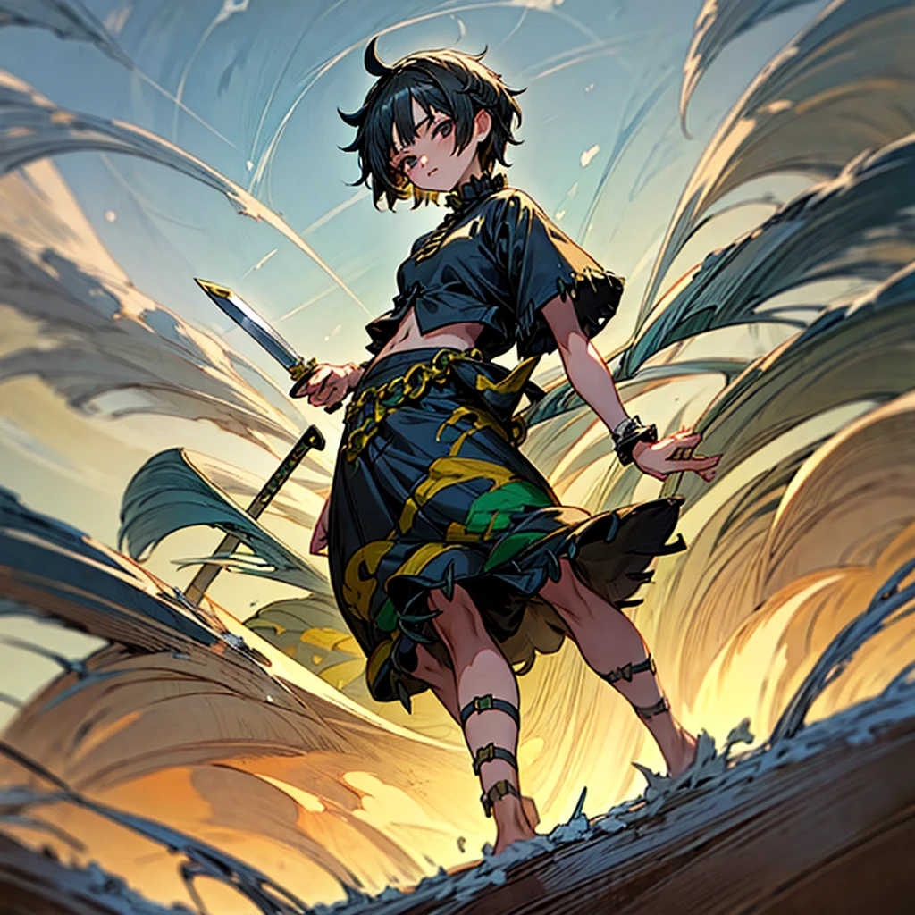 1girl, Full body version, 1character, girl version, black eyes color, short haircut, black colour hair, Ancient Roman style clothing, long skirt, Grassroots, background in snow town, motion blur, (one piece style art), snow, knife in hand, high angle view 